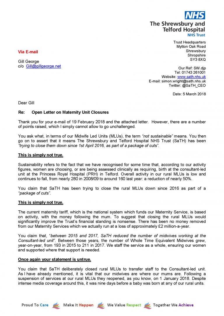 Response To Open Letter On Maternity Unit Closures Sath 7004
