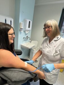 First patient Kate Jervis with Lyn Cholmondeley, phlebotomist