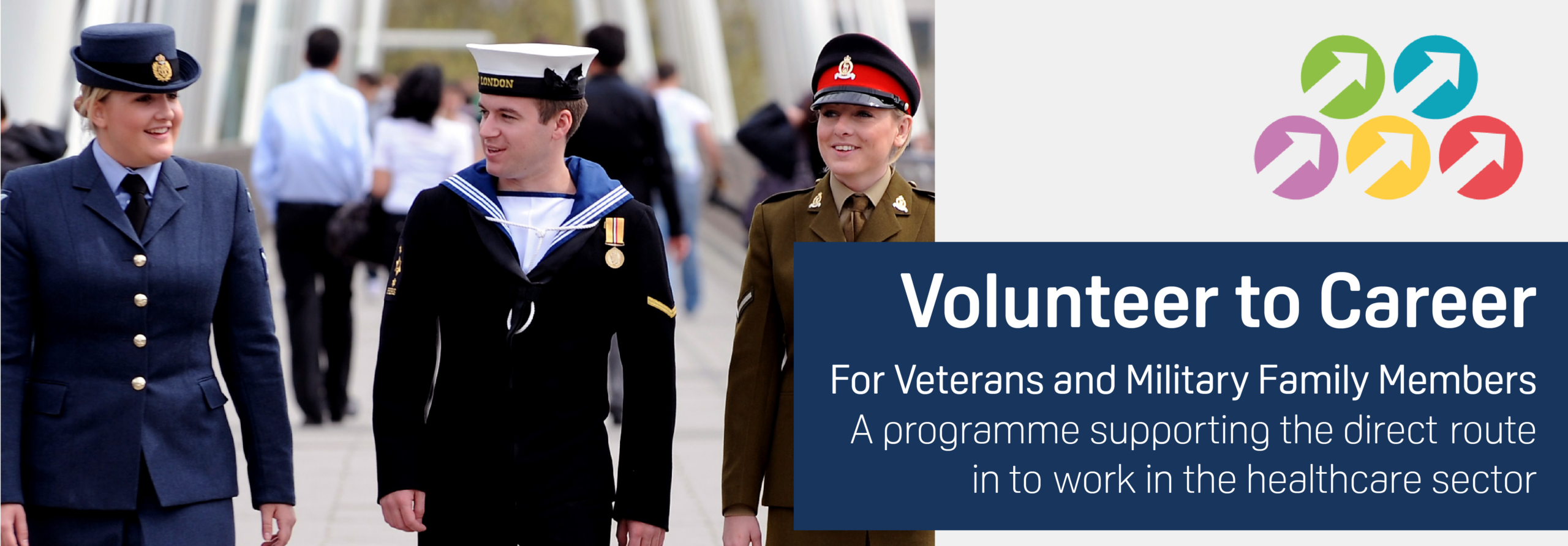 Banner including the wording 'Volunteer to Career for Veterans and Milutary Family Members - A programme supporting the direct route in to work in the healthcare sector